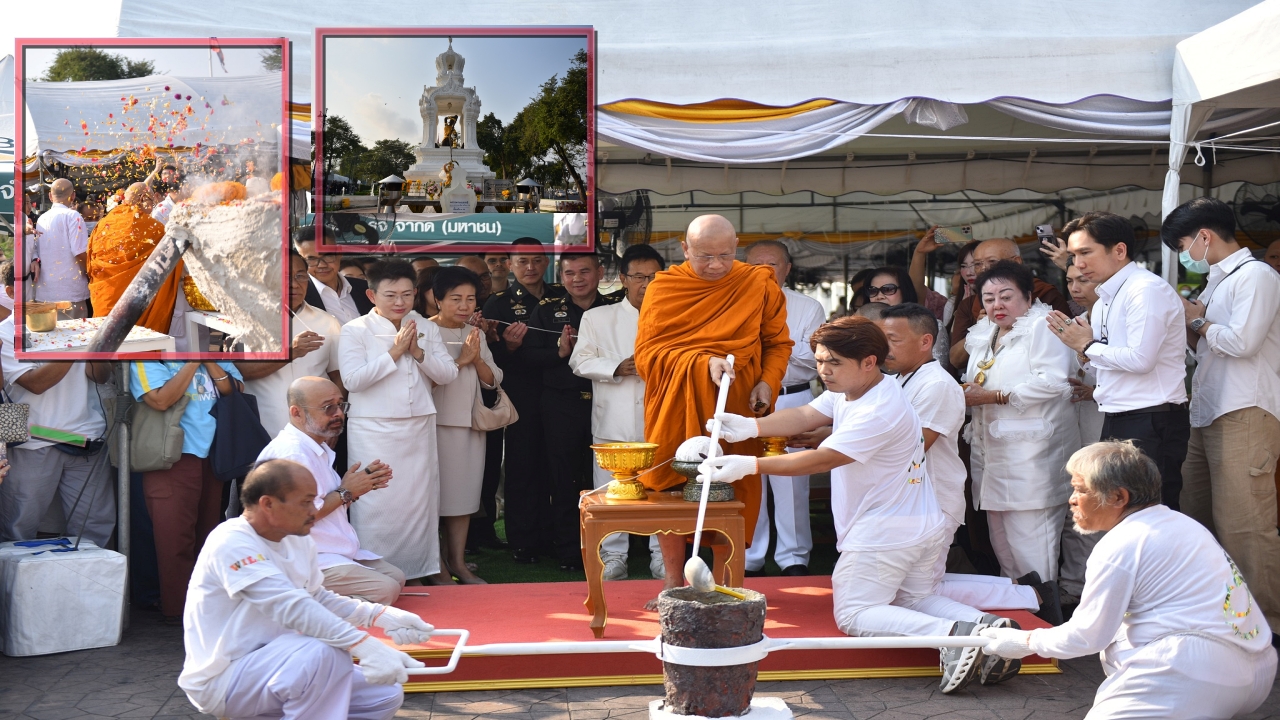พิธีเททองหล่อ พระแม่ธรณีบีบมวยผมจำลองให้ประชาชนกราบไหว้