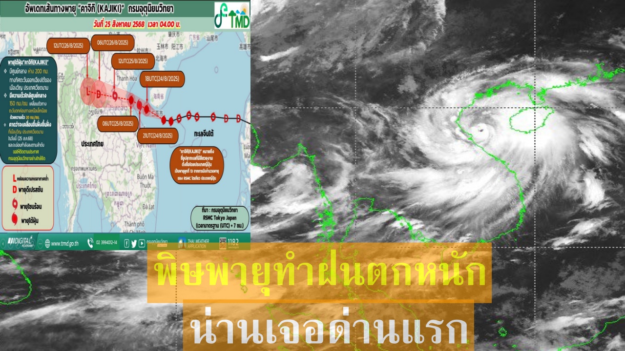 พายุไต้ฝุ่น ‘คาจิกิ’ เข้าลาว เช้า 26 ส.ค. ฝนถล่มอีสานตอนบน-เหนือ ‘น่าน’ เจอด่านแรก