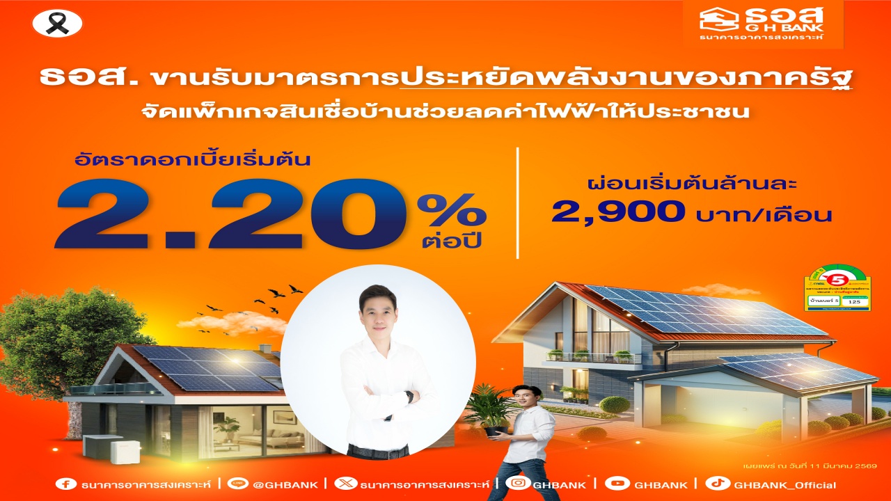 ธอส. จัดแพ็กเกจ สินเชื่อบ้านประหยัดพลังงาน ดอกเบี้ย เริ่มต้น 2.20% ต่อปี
